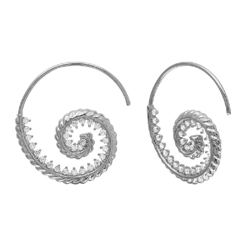 ladies earrings designer silver-Rhodium Plated 925 Sterling Silver Spiral Design CZ Earrings - GME00108RH