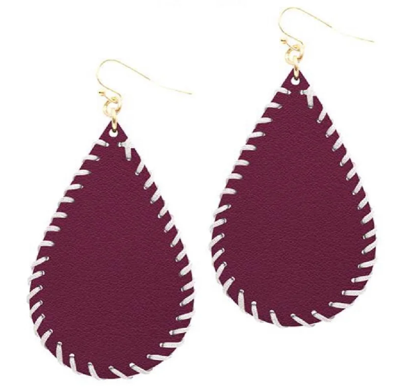 ladies earrings ornate symmetrical-College Football Leather Sport Earrings (drop) Maroon and White