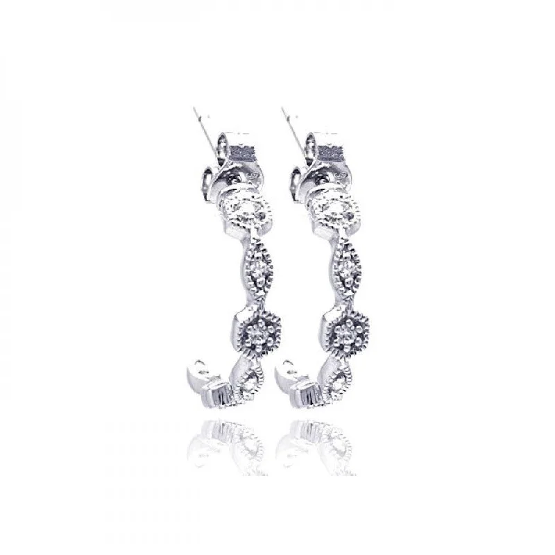 ladies earrings zodiac cluster-Silver 925 Rhodium Plated Round Marquis Clear CZ Semi Hoop Earrings - STE00754