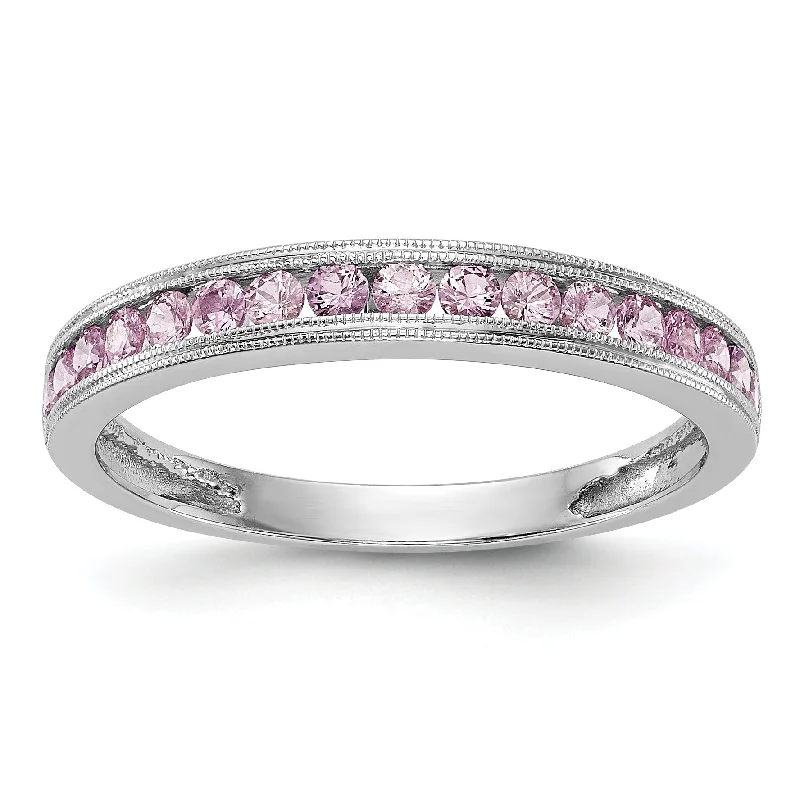 ladies ring shell limited edition-14k White Gold Pink Sapphire Milgrain Channel Set Anniversary Band