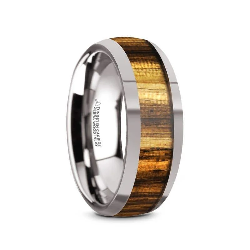 ladies ring affordable pink tourmaline-Thorsten TIGRE Tungsten Carbide Polished Finish Men’s Domed Wedding Band with Zebra Wood Inlay - 8mm