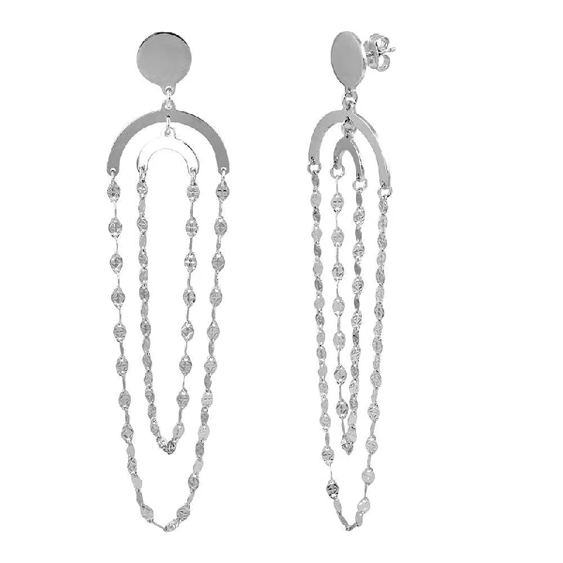 ladies earrings custom solitaire-Rhodium Plated 925 Sterling Silver Hanging Double Loop Chain Earrings - ARE00014RH