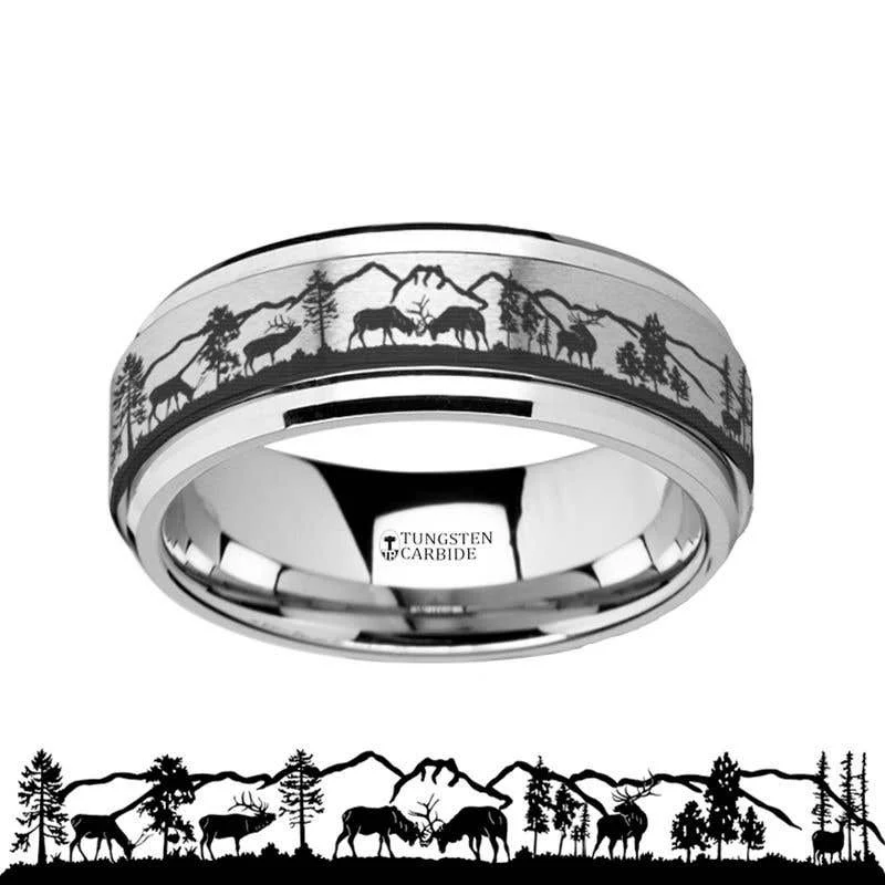 ladies ring feather artisan-Thorsten Spinning Engraved Elk Deer Stag Mountain Range Tungsten Carbide Spinner Band - 8mm