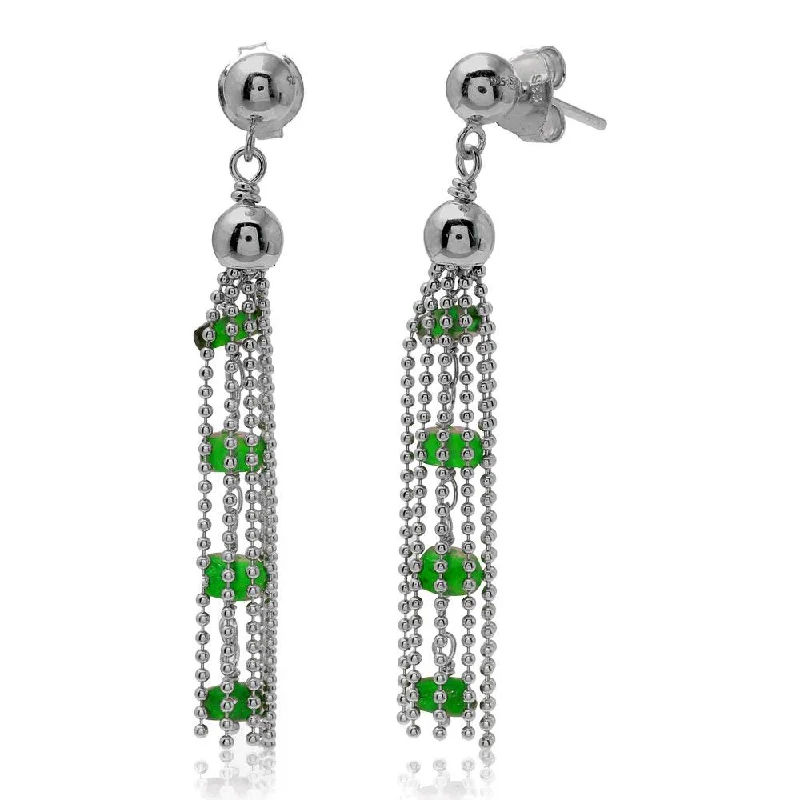 ladies earrings chic round-Rhodium Plated 925 Sterling Silver Dropped Bead Chain and Green Bead Earrings - DIE00004RH-EM