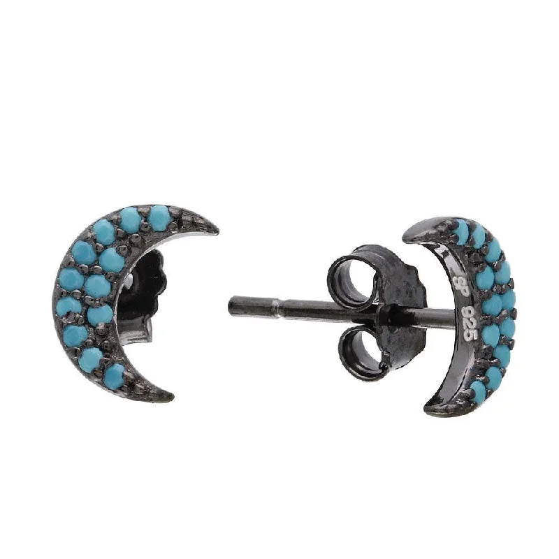 ladies earrings butterfly pave-Black Rhodium Plated 925 Sterling Silver Half Moon Turquoise Stone Earrings - STE01073BP