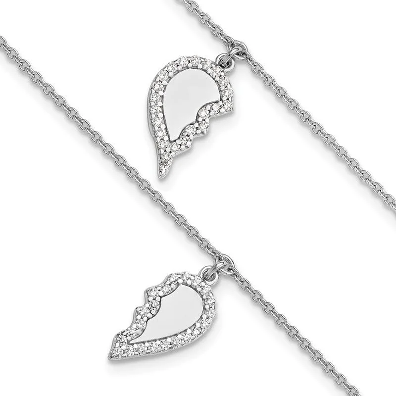 Ladies bracelets age-appropriate designs-Sterling Silver Rhod-plated CZ Half Heart 7.25in w/1 in ext 2 Bracelet Set