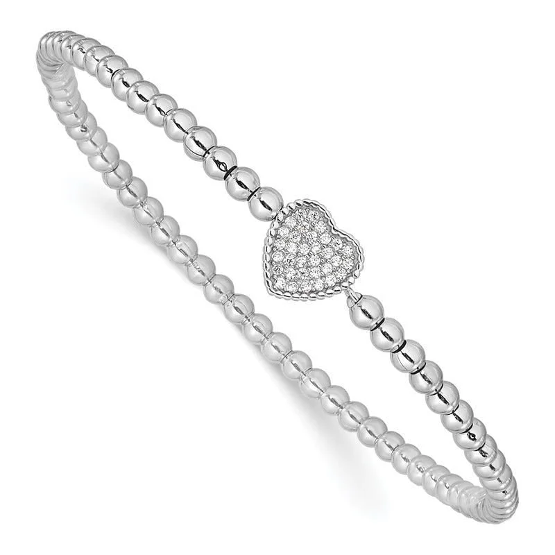 Ladies bracelets punk style vibes-Sterling Silver Rhodium-plated Polished Beaded CZ Heart Stretch Bracelet