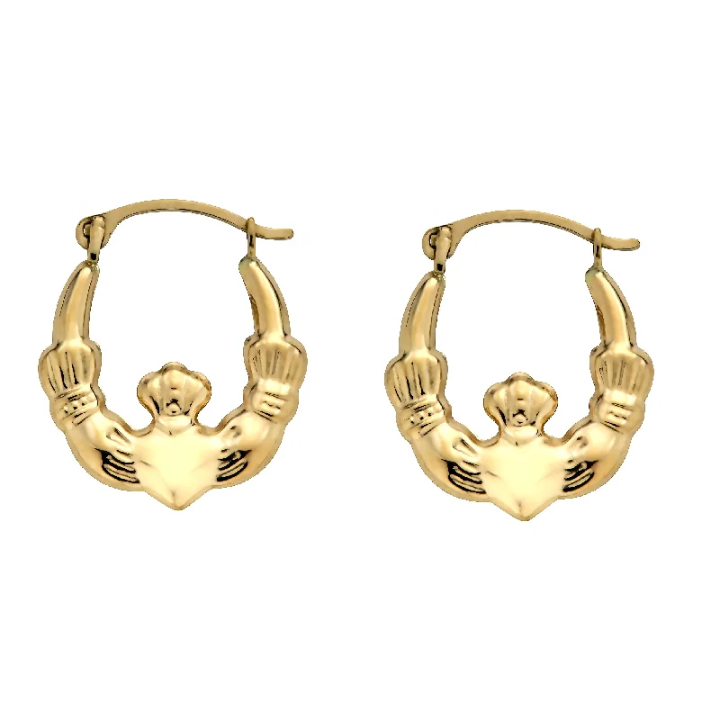 ladies earrings modern opal-14E00386. - 14 Karat Yellow Gold Textured Crown Heart Hoop Latch Lock Earrings