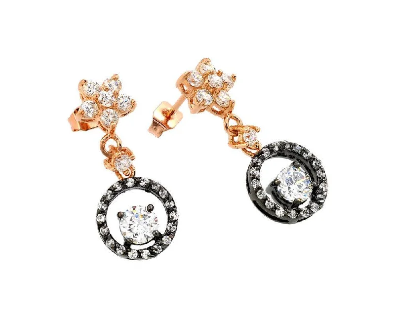 ladies earrings ornate amethyst-Clearance-Silver 925 Rose Gold and Black Rhodium Plated Flower Round CZ Dangling Stud Earrings - BGE00284