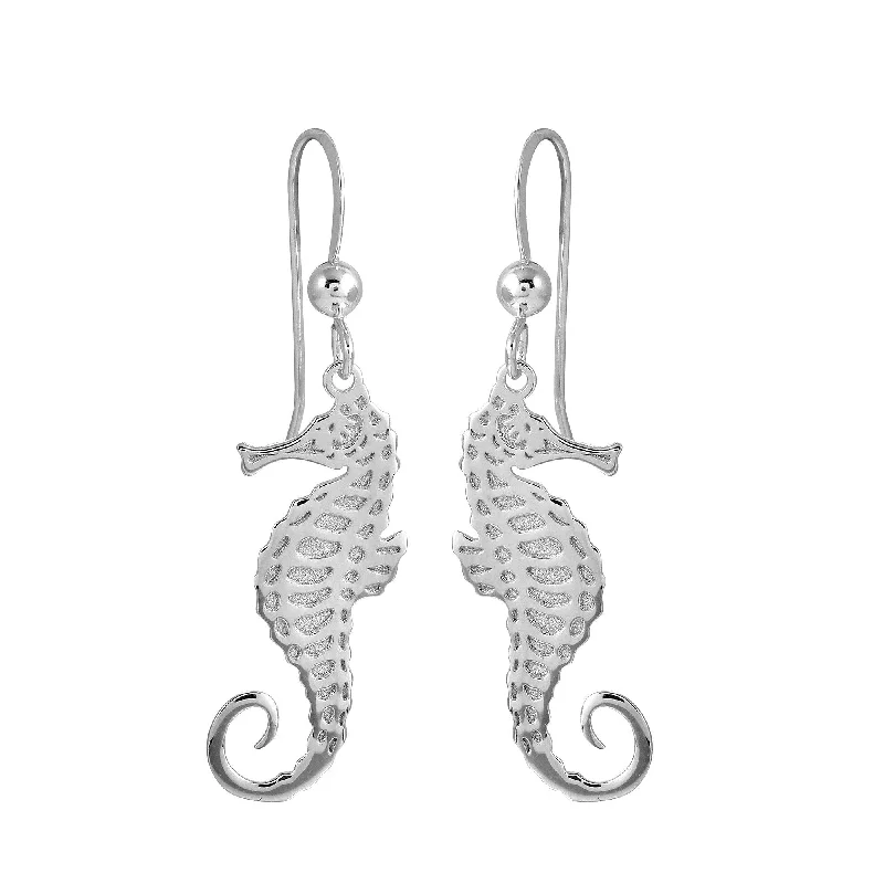 ladies earrings textured turquoise-Rhodium Plated 925 Sterling Silver Dangling Sea Horse Earrings - SOE00036