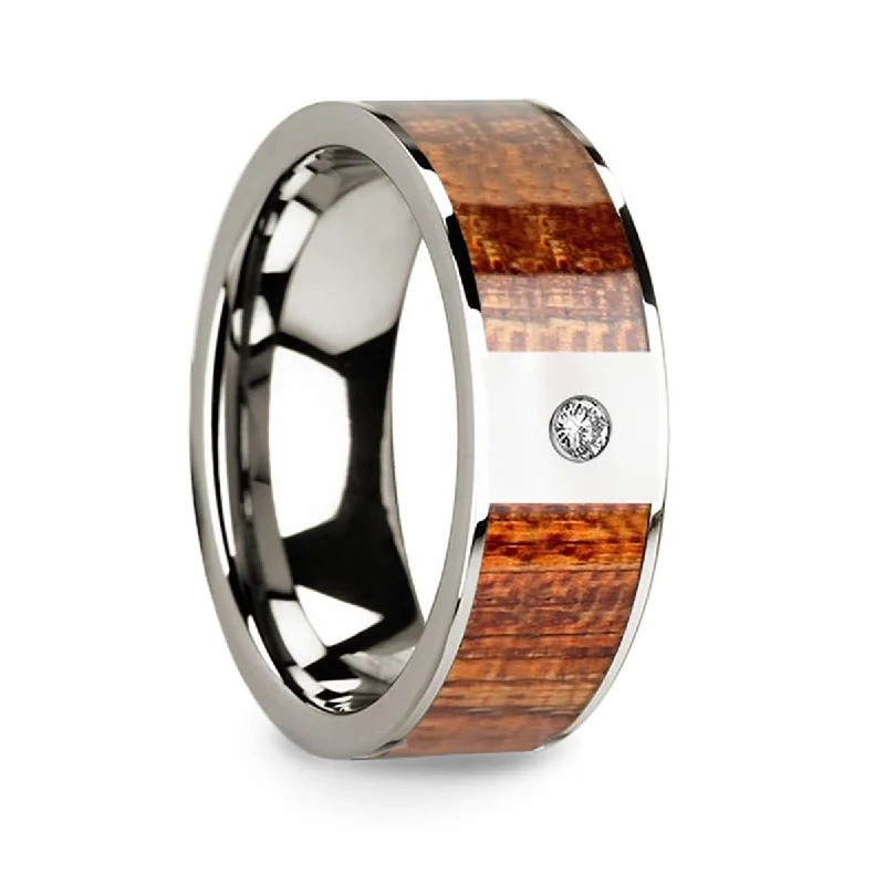 ladies ring statement solitaire-Thorsten 14k White Gold Wedding Band with Mahogany Wood Inlay & Diamond - 8mm