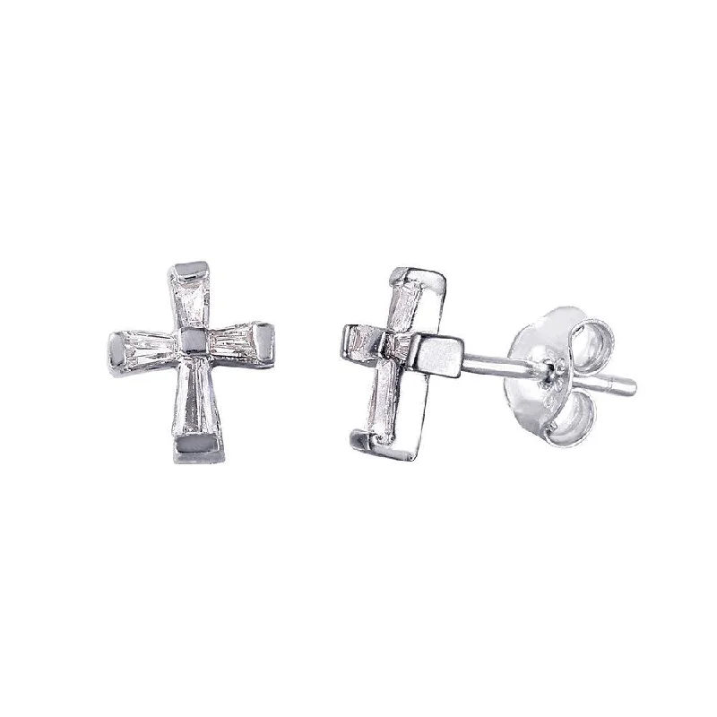 ladies earrings birthstone climber-Silver 925 Rhodium Plated Baguette CZ Cross Earrings - STE01025