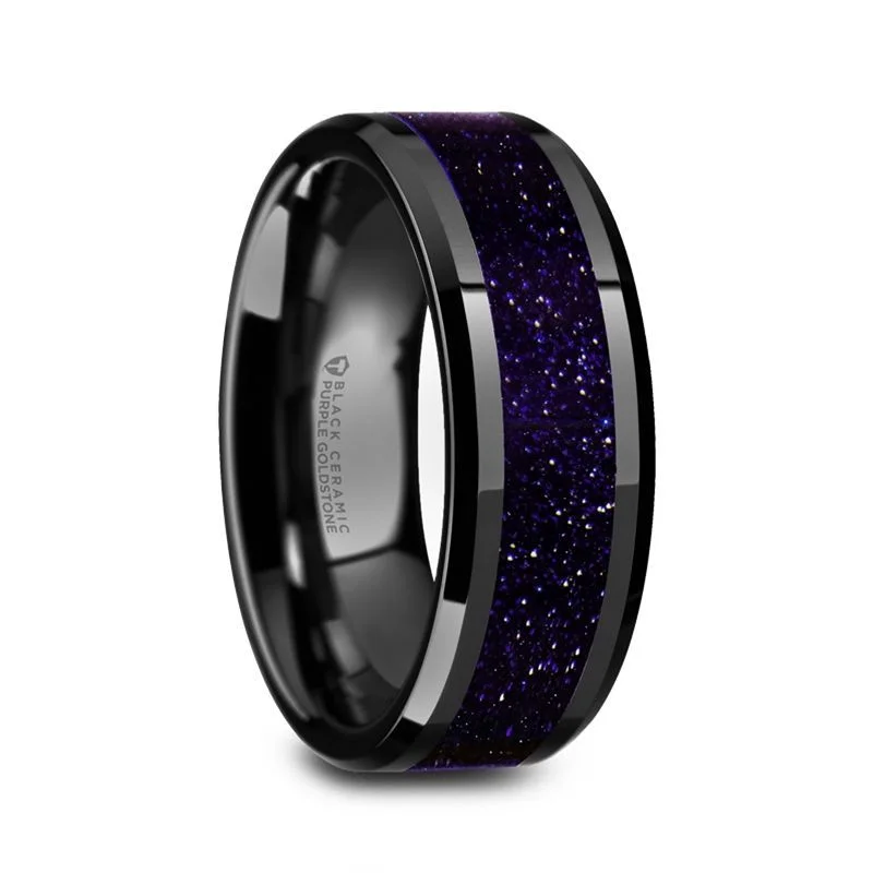 ladies ring birthstone ethical-Thorsten MELO Black Ceramic Beveled Polished Men’s Wedding Band with Purple Goldstone Inlay