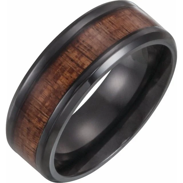 ladies ring five stone platinum-Black Titanium 8 mm Beveled-Edge Comfort-Fit Band with Hawaiian Koa Wood Inlay