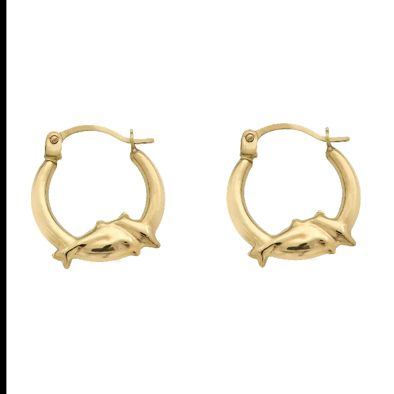 ladies earrings intricate moonstone-14E00375 - 14 Karat Yellow Gold Dolphin Design Latch Back Hoop Earring