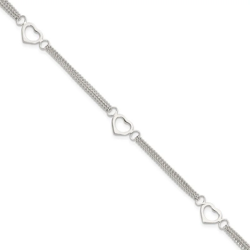 Ladies bracelets multi-tier styles-Sterling Silver Polished Multi-strand Heart 7in Bracelet