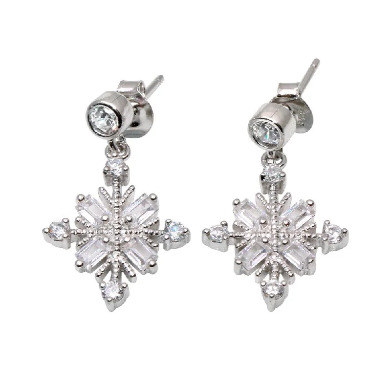 ladies earrings brushed fringe-Rhodium Plated 925 Sterling Silver Drop Snowflake Earrings - BGE00574