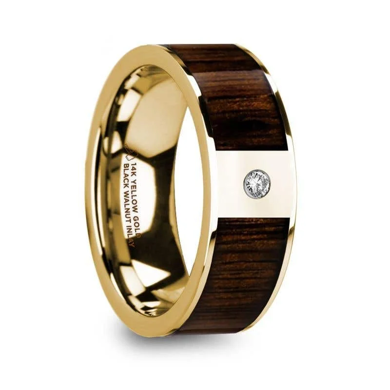 ladies ring timeless green emerald-Thorsten PANTHERAS 14k Yellow Gold Men’s Wedding Band with Black Walnut Wood Inlay & Diamond - 8mm