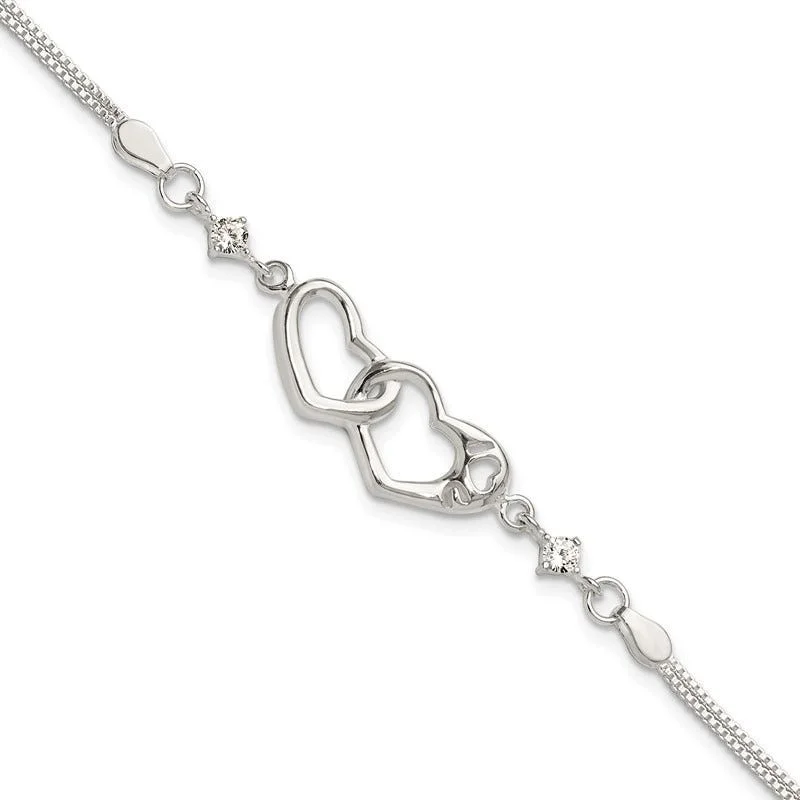 Ladies bracelets celebrity style trends-Sterling Silver Rhodium-plated Polished CZ I Heart You w/1in ext Bracelet