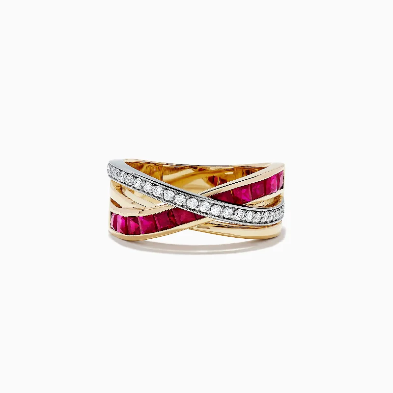 ladies ring subtle emerald cut-Ruby Royale 14K Two Tone Gold Ruby and Diamond Crossover Band, 1.48 TCW