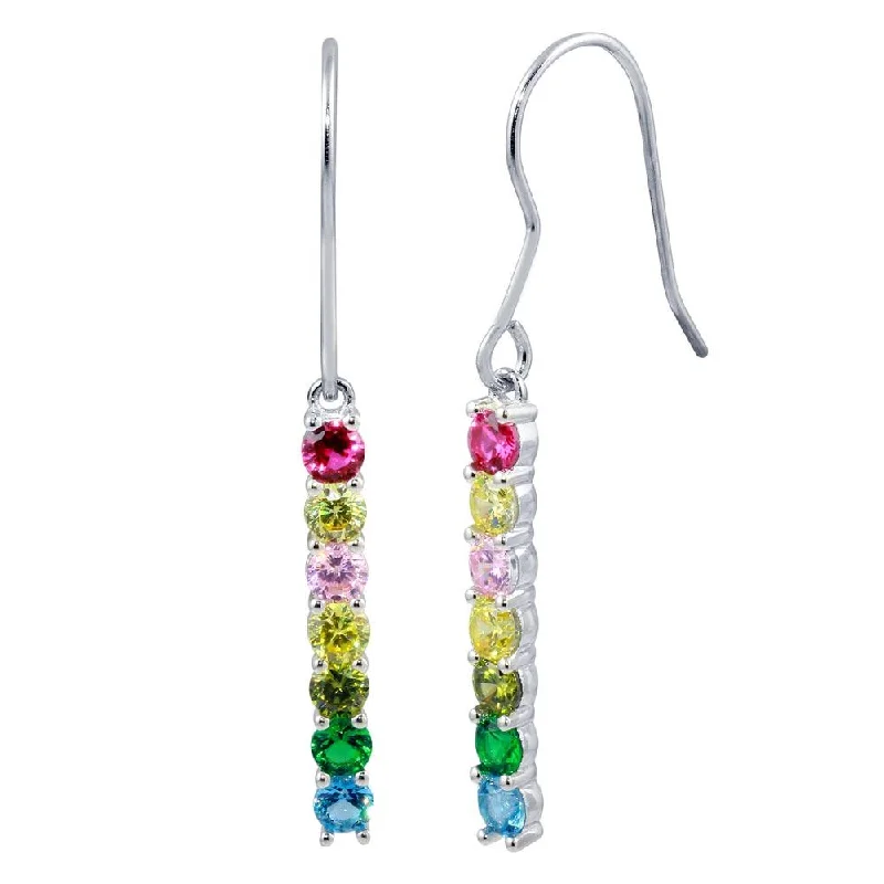 ladies earrings hammered symmetrical-Rhodium Plated 925 Sterling Silver Dangling Multi-Color CZ Earrings - STE01184