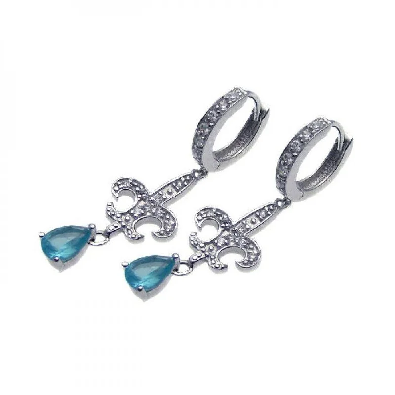 ladies earrings spring aquamarine-Silver 925 Rhodium Plated Blue Teardrop CZ Fleur De Lis Dangling huggie hoop Earrings - STE00654