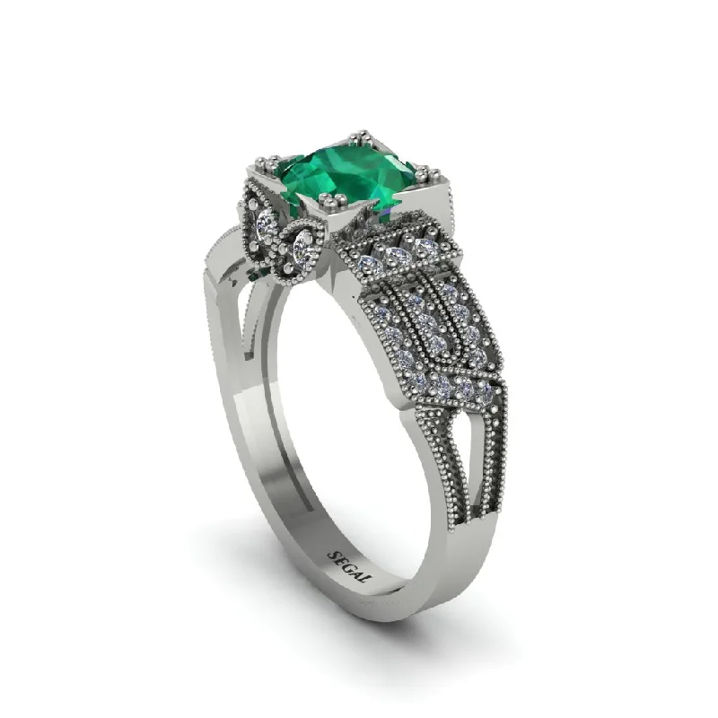 ladies engagement ring sleek bezel-Emerald Milgrain Gold Engagement Ring - Lyric No. 6