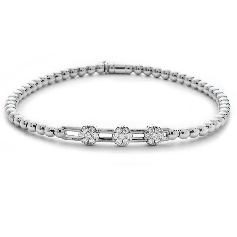 Ladies bracelets trillion cut styles-Hulchi Belluni Stretch Bracelet with Three Pave Diamond Moveable Stations White Gold 20357-WW