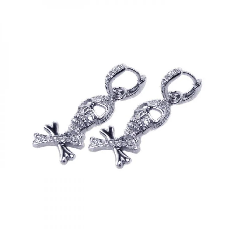 ladies earrings luxury halo-Silver 925 Rhodium Plated Bone and Skull CZ Dangling huggie hoop Earrings - STE00205