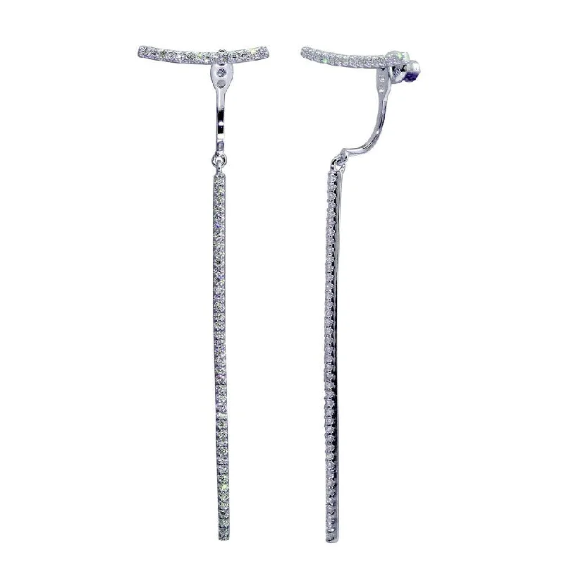 ladies earrings statement fringe-Rhodium Plated 925 Sterling Silver Dangling Bar Earrings with CZ - BGE00597