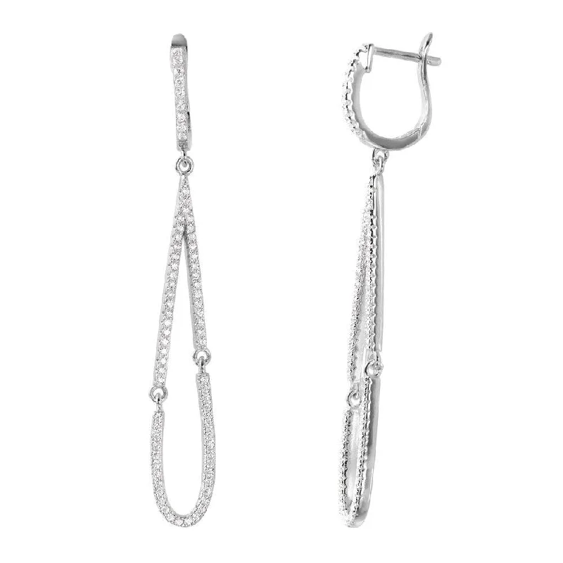 ladies earrings constellation moonstone-Silver 925 Rhodium Plated Dangling Open Tear Drop CZ huggie hoop Earrings - ACE00098RH