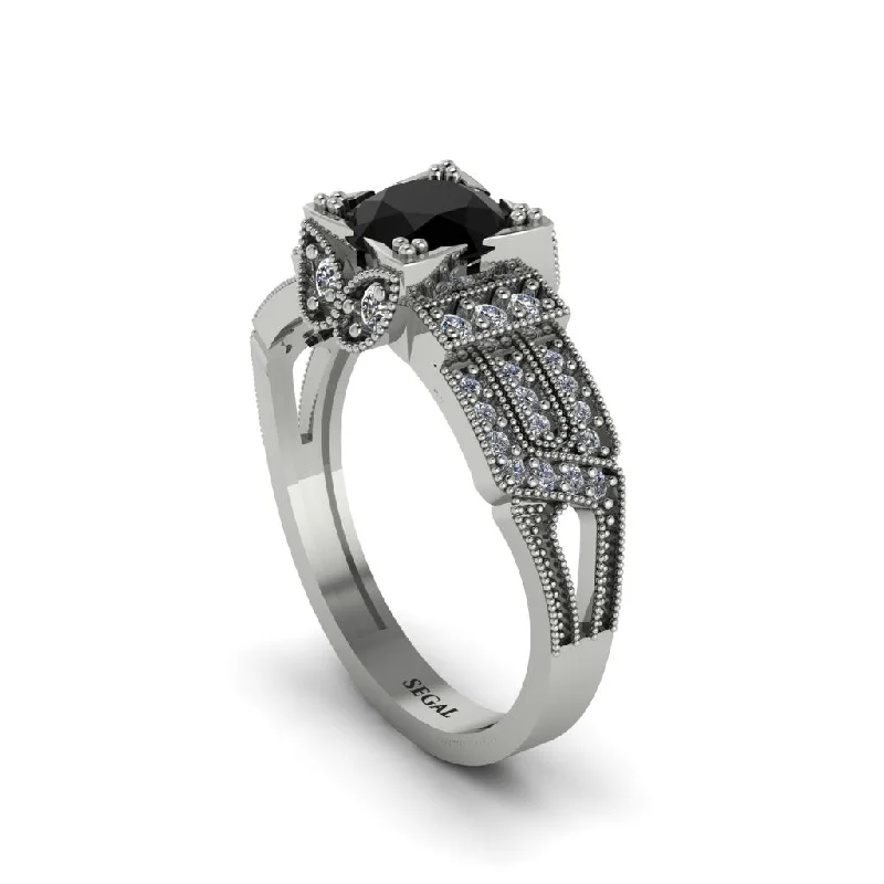 ladies engagement ring trendy emerald cut-Black Diamond Milgrain Gold Engagement Ring - Lyric No. 9