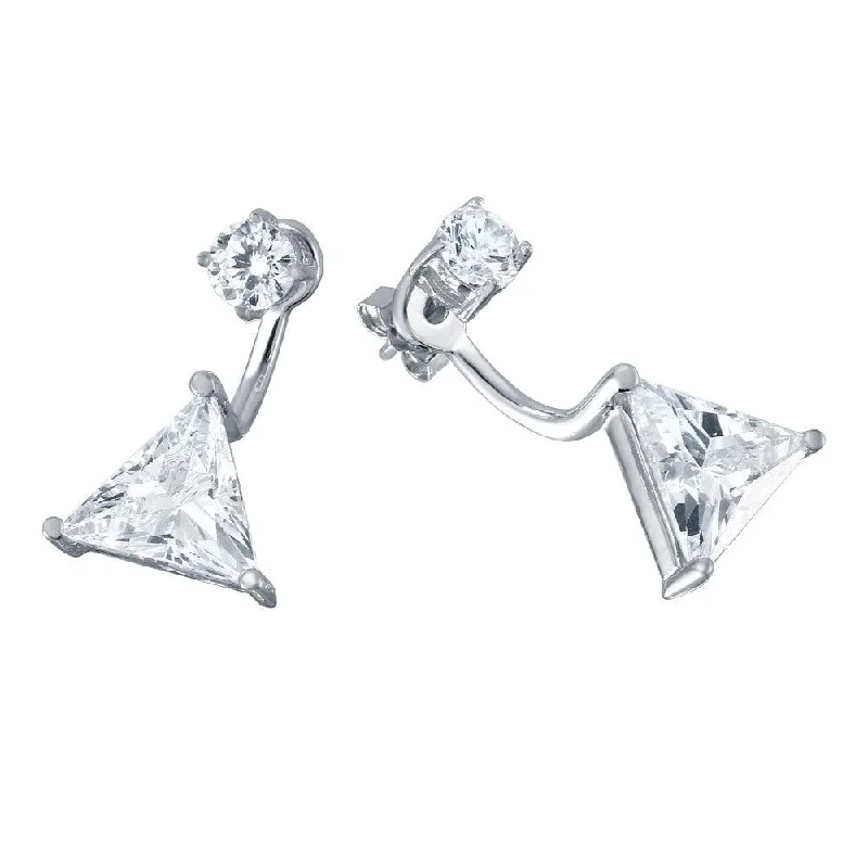 ladies earrings custom jacket-Silver 925 Rhodium Plated CZ Trilliant Front and Back Earrings - BGE00457