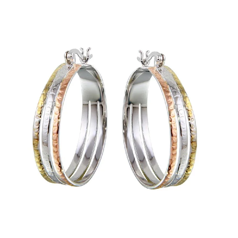 ladies earrings trendy pearl-Three-Tone 925 Sterling Silver 3 Hoop Earrings - STE00446