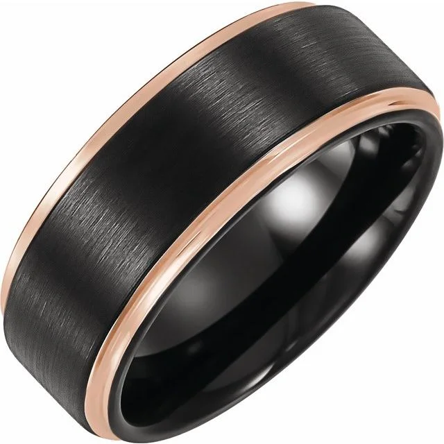 ladies ring delicate cluster-18K Rose Gold PVD and Black PVD Tungsten Flat Grooved Band 6mm or 8mm