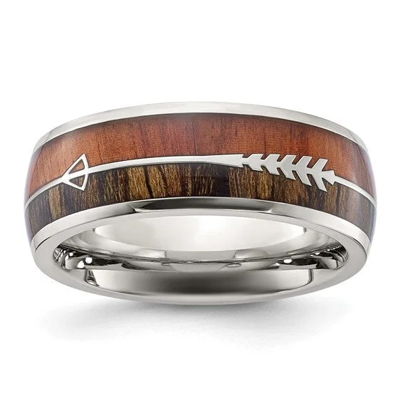 ladies ring leaf one of a kind-Stainless Steel Polished with Wood Inlay Arrow 8mm Band