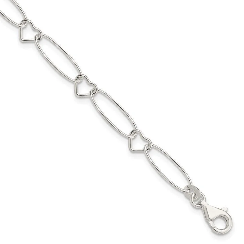 Ladies bracelets radiant cut bracelets-Sterling Silver Oval Link w/Hearts Bracelet