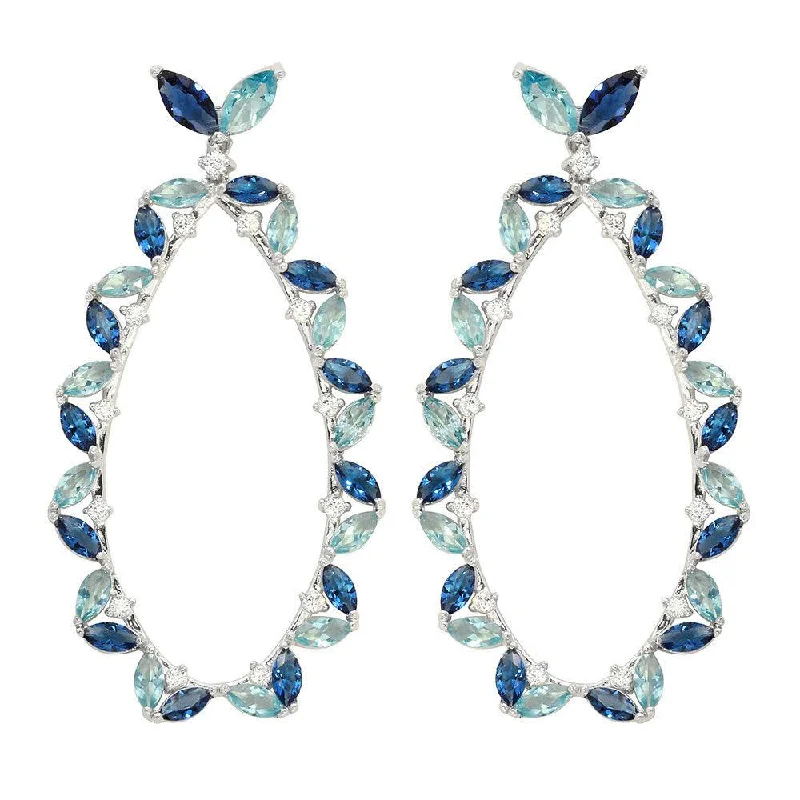 ladies earrings feather rose quartz-Rhodium Plated 925 Sterling Silver Blue CZ Hanging Oval Earrings - GME00103RH-BLU