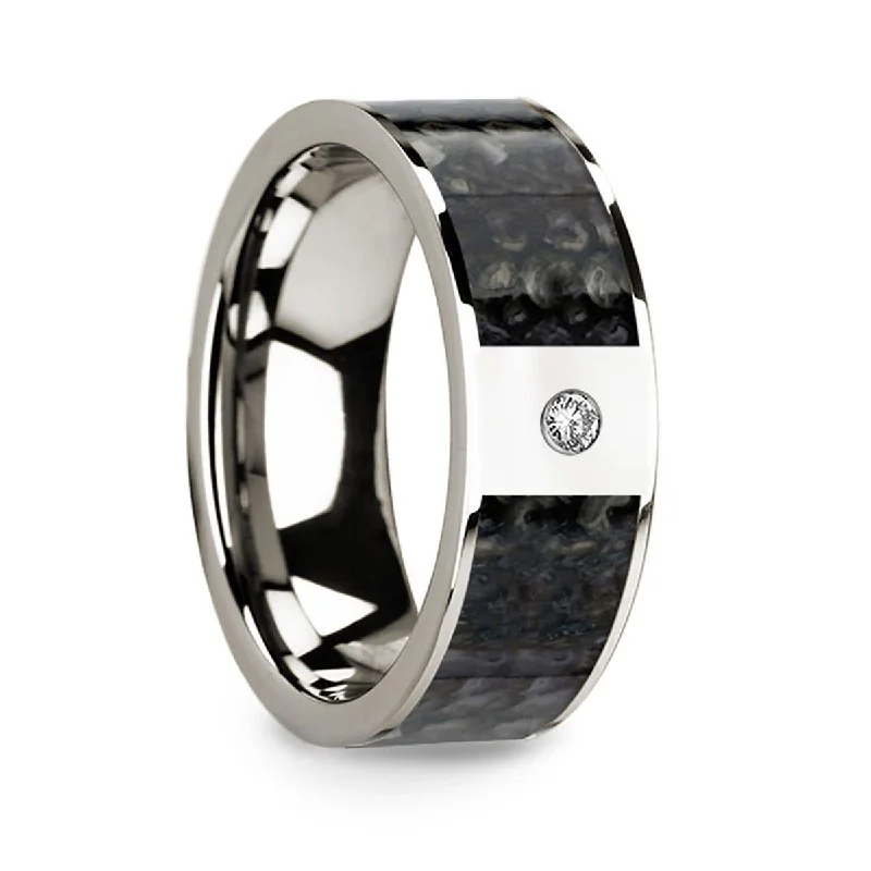 ladies ring tension diamond-Thorsten Flat 14k White Gold with Blue Dinosaur Bone Inlay & White Diamond Setting - 8mm