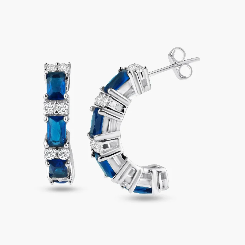 ladies earrings constellation long-Silver 925 Rhodium Plated Crescent Blue Baguette CZ huggie hoop Earrings - STE00612