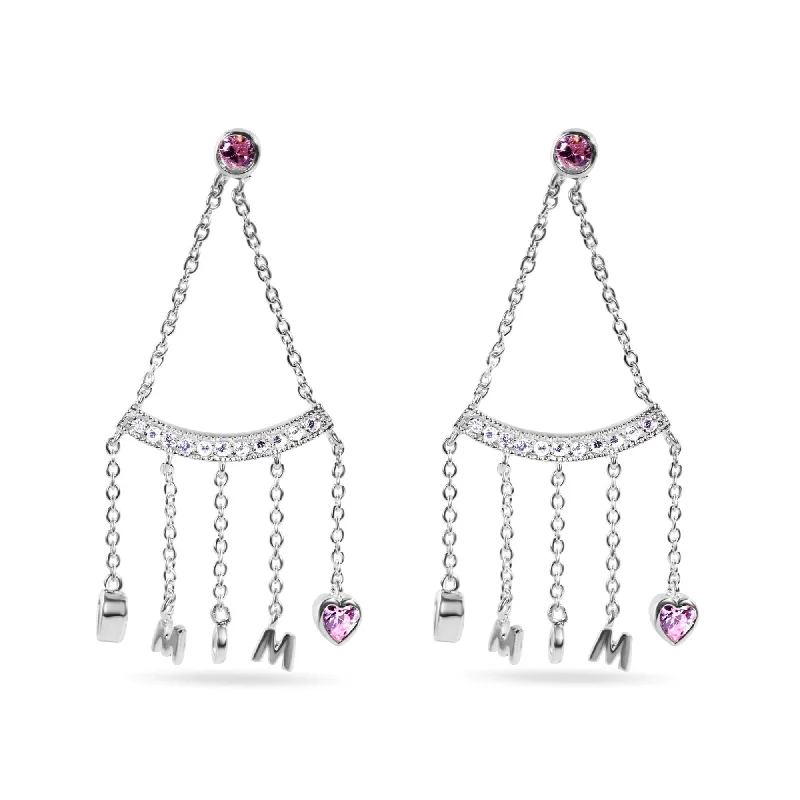 ladies earrings modern oval-Clearance-Rhodium Plated 925 Sterling Silver Dangling Hearts Mom Earrings - STE00116