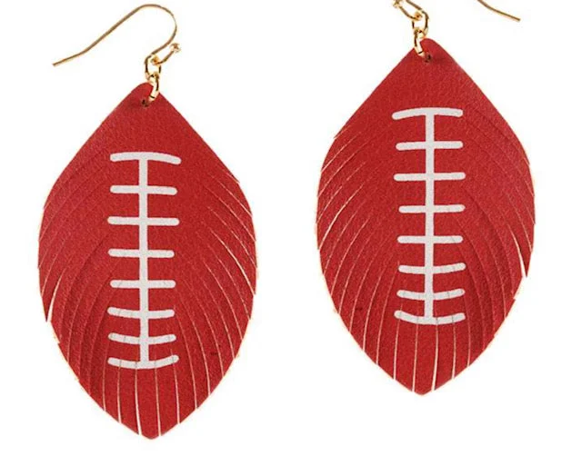 ladies earrings gothic bar-Feathered Football Leather Sport Earrings White and Red