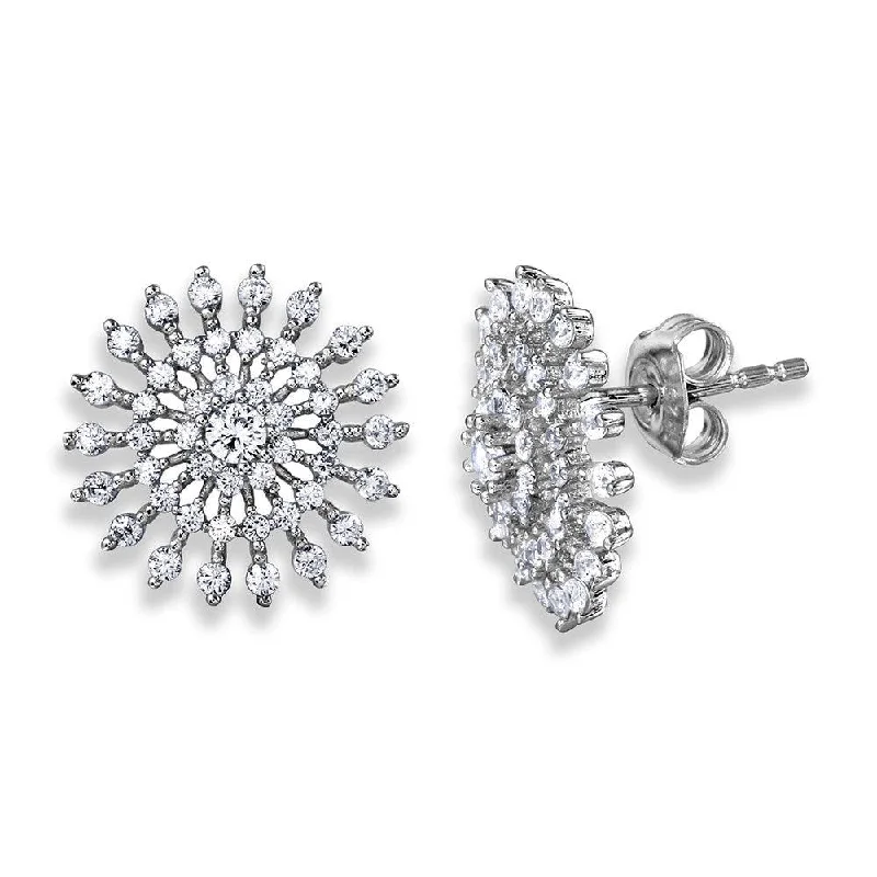 ladies earrings bespoke silver-Silver 925 Rhodium Plated CZ Encrusted Sun Earrings - GME00047