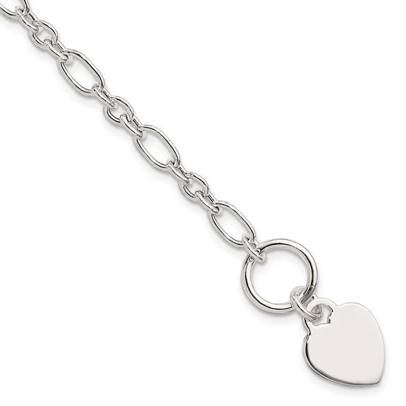 Ladies bracelets cascading stone bracelets-Sterling Silver Polished Heart Charm Fancy Link Bracelet