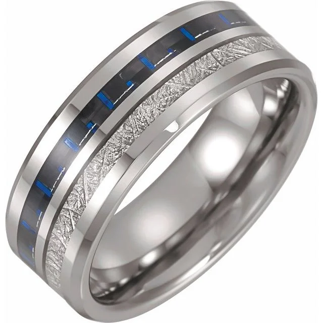 ladies ring smooth turquoise-Tungsten 8 mm Band with Imitation Meteorite and Carbon Fiber Inlay