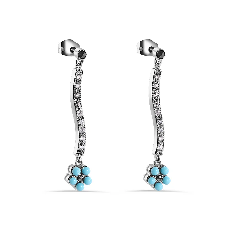 ladies earrings vintage pearl-Rhodium Plated 925 Sterling Silver Turquoise Flower Dangling Clear CZ Stud Earrings - BGE00414