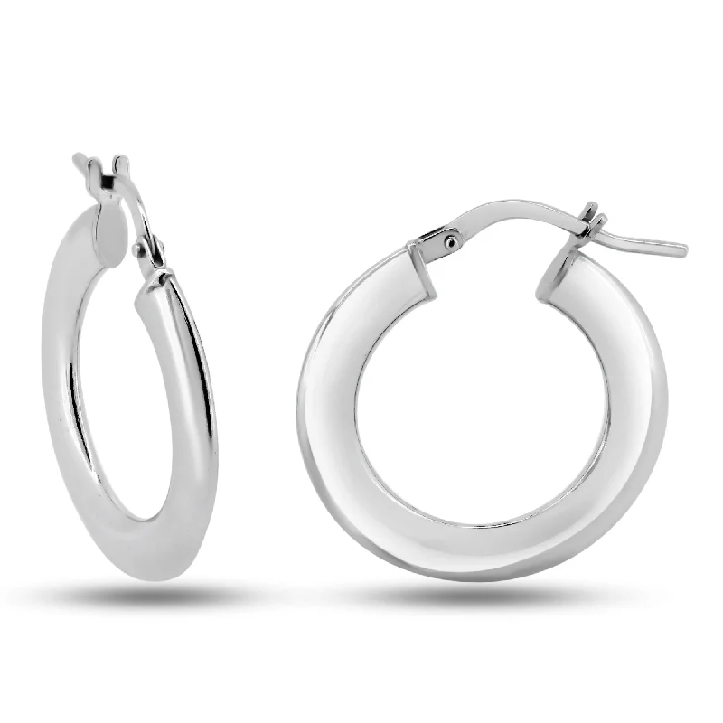 ladies earrings sleek layered-Rhodium Plated 925 Sterling Silver Silver 2mm Hollow Loop Latch Back Earrings - ARE00034RH