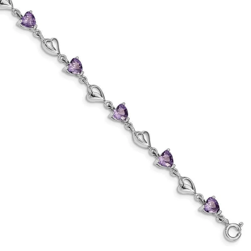 Ladies bracelets tapered band bracelets-Sterling Silver Rhodium-plated w/1in ext Purple Crystal Hearts Bracelet