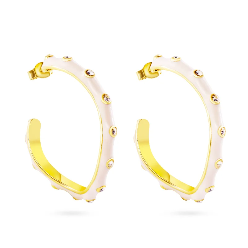 ladies earrings subtle solitaire-Clearance-Gold Plate 925 Sterling Silver White Enamel Clear CZ Hoop Earrings - STE00699