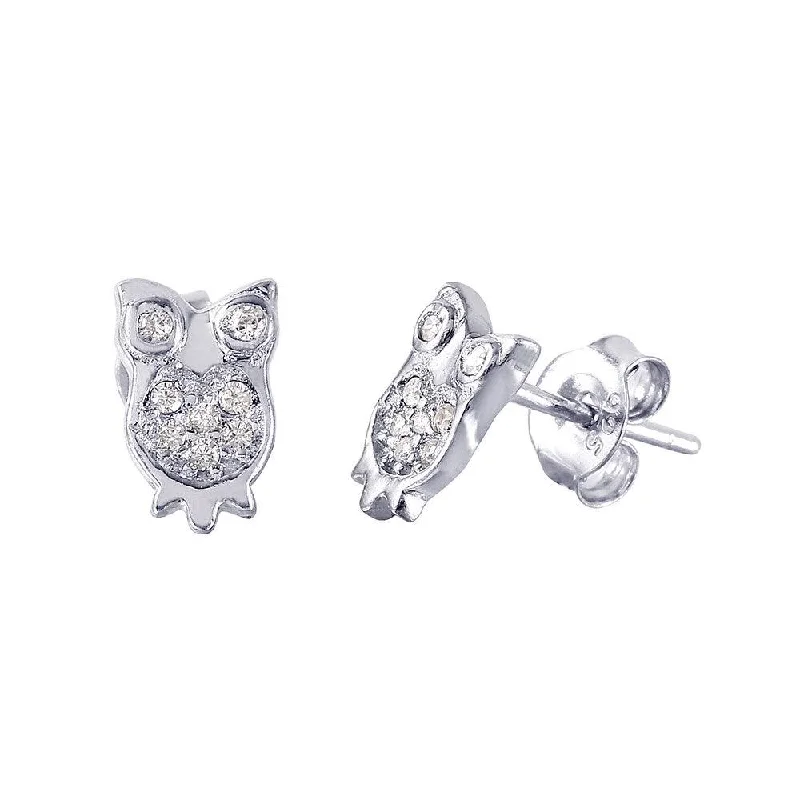 ladies earrings constellation threader-Silver 925 Rhodium Plated Owl CZ Earrings - STE01015